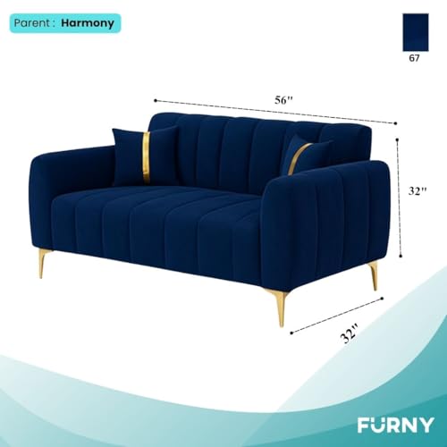 Image of FURNY Harmony 2 Seater Velvet Fabric Sofa Set (Blue) with Premium Golden Finish Legs | Velvet Finish | Ideal for Living Room