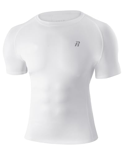 Runhit T-Shirt de Compression Homme 1 Pack, Maillot Sport Respirant à Séchage Rapide, T-Shirt Fitness Manche Courte pour Course, Jogging, Entraînement, Blanc L
