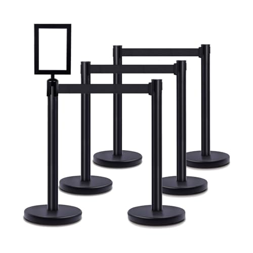 Image of DuraSteel Crowd Control Barriers Stanchions with Retractable Belts & Sign Holder - Metal Stanchion Posts w / 6.5ft Black Retractable Barrier Belt Ropes - Queue VIP Safety Line Dividers - Set of 6 Poles