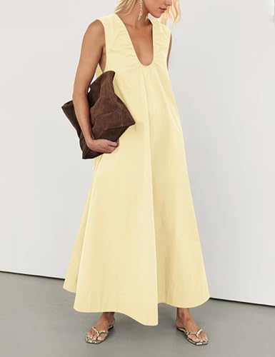 Image of Women Sleeveless Ruched Maxi Dress Scoop Neck Long Elegant Dresses Wide Shoulder Strap Blouse Dress with Side Pockets