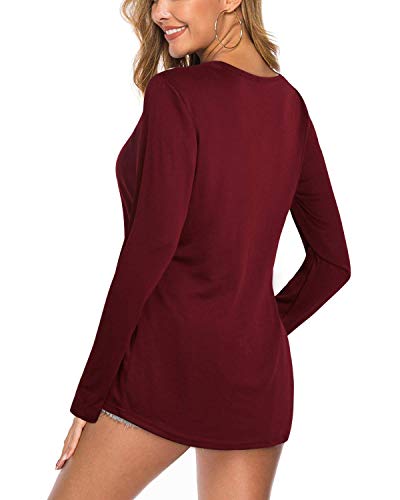 KILIG Women's Long Sleeve Henley Shirts V Neck Button T Shirt Basic Casual Plain Tops (A10-Wine, Large)