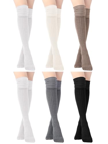 Image of Fourluoo 6 Pairs Women's Lace Knee High Socks with Trim Lolita Lace Boot Socks Long over Knee Stocking for Women
