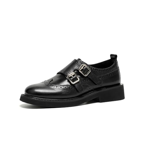 Image of BEAU TODAY Womens Leather Loafers, Monk Platform Loafer Shoes | Cowhide, Brogue Wingtip, Slip-on, Chunky Heel, Comfortable, Non-slip Durable, Business Casual Office Dress Shoes