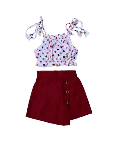 Image of ANNECA Baby Girls Polka Dot Tie-Shoulder Crop Top with Maroon Button-Detail Skirt Set, 2 Pieces