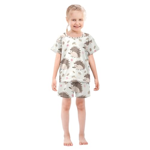ALAZA Cute Hedgehog Leaf Pajamas Set Short Sleeve Cotton Sleepwear Summer Pjs 2 Piece 5-14Y3