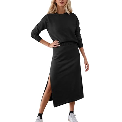 Conjunto de mujer de 2 piezas holgado, suéter de manga larga, cómodo, falda larga, informal, conjuntos de punto cómodo, otoño, invierno, ropa de color sólido para vacaciones al aire libre, Negro , S