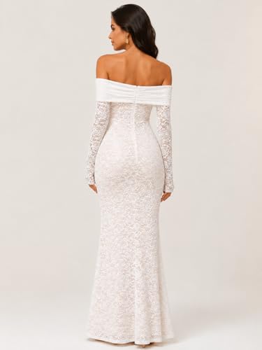 Image of Women's White Off-Shoulder Lace Maxi Dress Long Sleeve Bodycon Gown for Wedding, Party & Evening Events