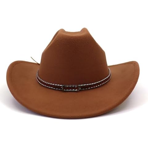 Wotfim Cowboy Hat for Women Men with Band Felt Wide Brim Cowboy Cowgirl Hat Western Style Hat Fedora Jazz Hat-028-Khaki Cover
