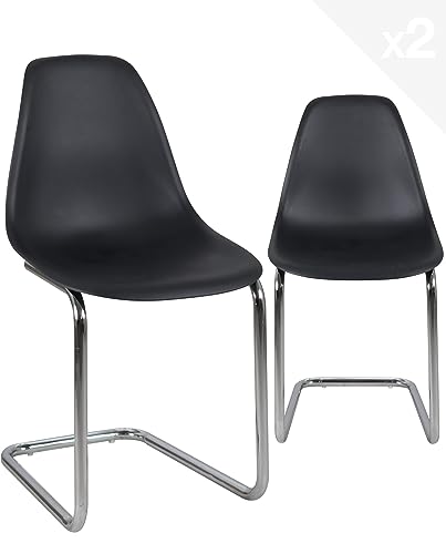 KAYELLES Lot de 2 chaises Salle à Manger Design rétro siège Plastique Souple Noir Pied Chrome MEO (Noir)
