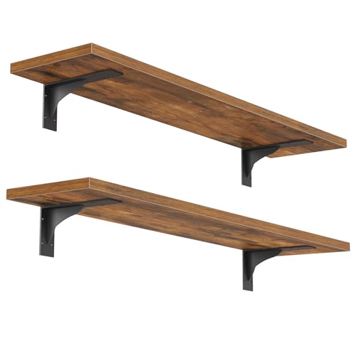 Image of HOOBRO Floating Shelves for Wall, 23.6 inch Wall Mounted Shelves Set of 2, Hanging Storage Shelf with Metal Brackets, Wooden Shelf for Living Room, Bedroom, Bathroom, Rustic Brown and Black BF62BJP201G1