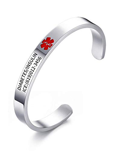 MEALGUET Free Engraving Stainless Steel Cuff Medical Alert ID Bracelet Open Metal Custom Medic Identification Cuffs Bangle for Men Women,7.7-8 Inches