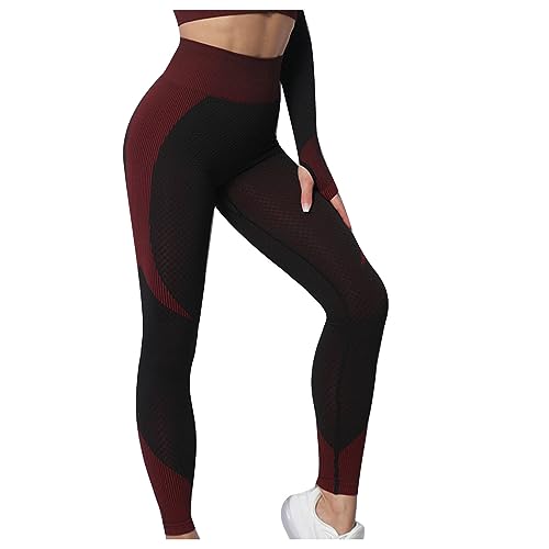 HGps8w Leggings huecos de bloque de color para mujer, cintura alta, control de abdomen, levantamiento de glúteos, fitness, deportes, correr, yoga, rojo (01 Red), Medium