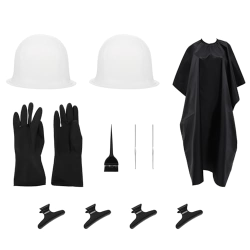 Hohopeti Kit de Teñido para Mechas de Cabello de Silicona Reutilizable de 11 Piezas Incluye 2 Gorros de Silicona 2 Agujas para Mechas 4 Pinzas 1 Capa 1 Paquete de Guantes y 1 Cepillo