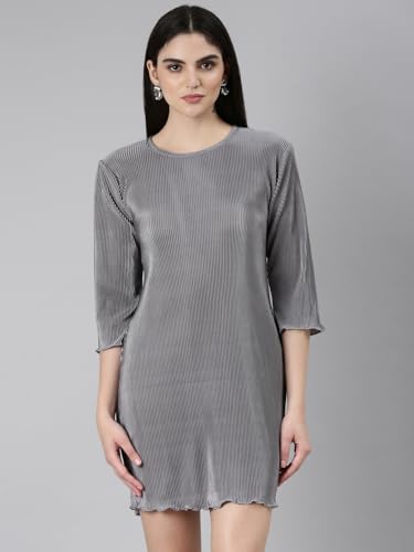 Image of SHOWOFFFF Women Solid Bodycon Casual Dress | Round Neck 3 /4th Sleeves Jersey Dress for Womens | Above Knee Dress for Women's