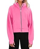 Fisoew Womens Zip Up Sweatshirts Fleece Lined Collar Crop Hoodie Casual Cotton Long Sleeve Tops with Thumb Hole