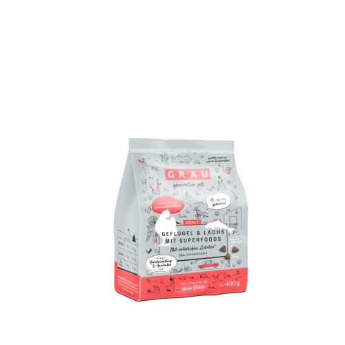 GRAU – das Original – Trockenfutter für Katzen, Geflügel & Lachs mit Superfoods, 1er Pack (1 x 400 g), glutenfrei, für Erwachsene Katzen