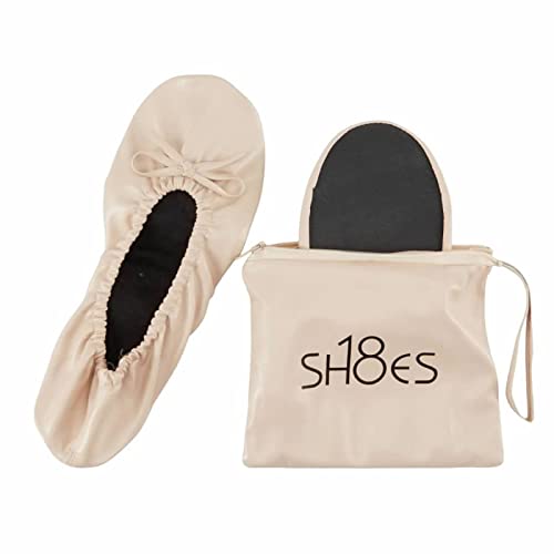 Shoes8teen Women's Foldable Portable Travel Ballet Flat Shoes w/Matching Carrying Case SH-18 Nude 7/8