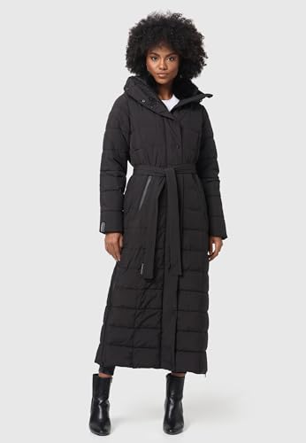 Navahoo Damen Wintermantel Warmer Steppmantel lang mit Kapuze und Taillengürtel Das Teil XIV Black Gr. XL