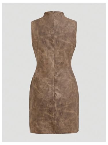 Image of RoseSeek Women's PU Leather Ruched Bodycon Dresses Mock Neck Sleeveless Zipper Mini Tank Dress