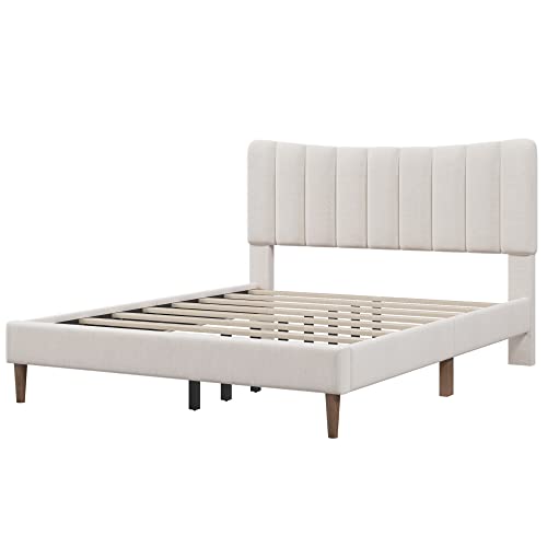 Softsea Queen Size Upholstered Bed Frame, Modern Linen Platform Bed With Tufted Headboard, Strong Wood Slat Support, No Box Spring Needed (Cream, Queen) #TOP4