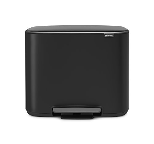 Brabantia Bo Step-On Kitchen Trash Can with Single Compartment | Matt Black | 9.5 Gal Inner Bucket | Soft-Close Garbage Can, Light Pedal Operation, Stay-Open Lid | Fits Against Wall | + Trash Bags by Brabantia - Used condition - US$74.74