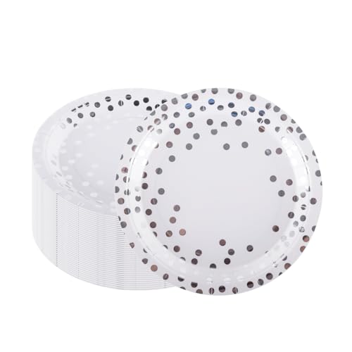 CEILIWEN Lot de 50 assiettes en carton de 23 cm – Motif à pois blancs et argentés pour mariage, anniversaires, Noël et événements, décorations de fête argentées