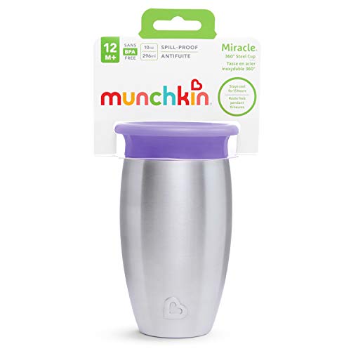 Image of Munchkin Stainless Steel Sippy Cups for Toddlers 1-3, Spill Proof Miracle 360 Cup, Insulated, Purple, 10 Ounces (Pack of 12)