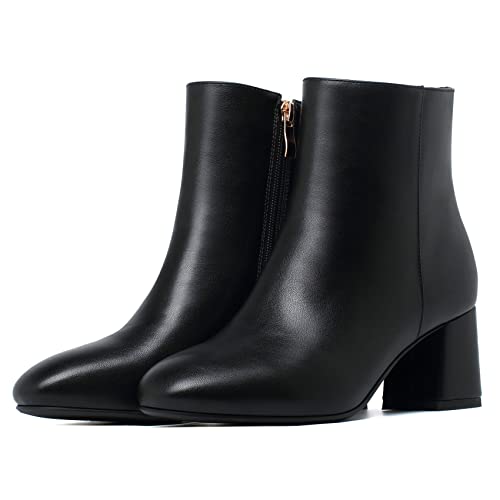 SHEMEE Women's Square Toe Chunky Ankle Booties Block Mid Heel Side Zipper Short Boots