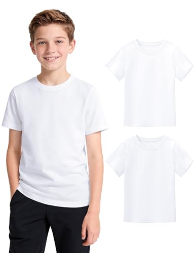Witwot 2 Pack Boys Plain T-Shirts Kids Cotton Crew Neck Tshirts Unisex Short Sleeve School Top Tee for Children 13-14 Years White Tag 160
