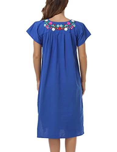 Image of YZXDORWJ Women Mexican Embroidered Long Dress Ruffle Collar Maxi Boho Floral Summer Short Sleeve