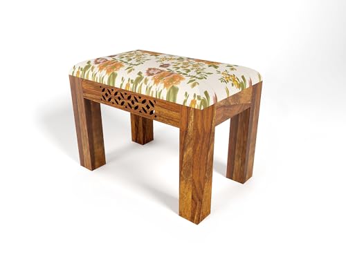 Image of Solid Sheesham Wood Cushioned Living Room Benches, Wooden, Upholstered Wooden Seating Bench for Home & Office l