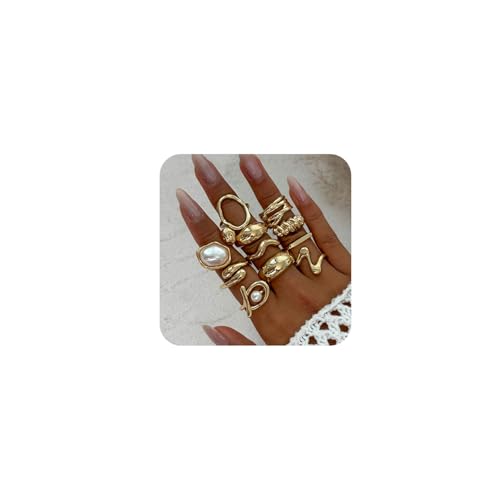 LKingel Chunky Gold Rings Set for Women Gold Baroque Rings Open Adjustable Gold Pearl Ring Stacking Knuckles Rings Set Boho Prom Costume Jewelry Style2