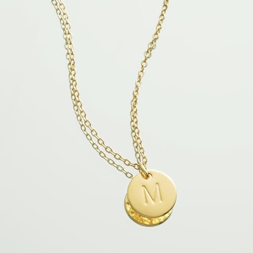 Bemoly Initial Necklace for Women Round 11MM Coin Disc Double Side Engraved Letter A-Z Hammered Pendant 14K Gold Plated Personalized Alphabet Birthday Jewelry 17.5"3