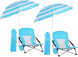 WGOS Beach Chair Low Beach Chair Beach Chairs for Adults Beach Chair with Umbrella Folding Chair Detachable SPF 50+ Umbrella, Armrests, Cup Holder, Portable Sand Chair for Beach (2-Pack Blue)