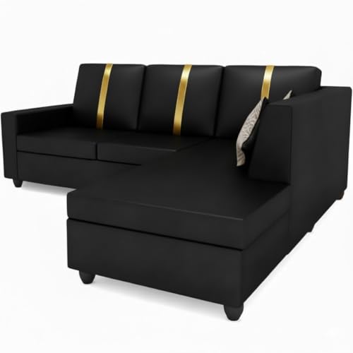 Image of FURNY Nathanoy 4 Seater Leatherette RHS L Shape Sofa Set (Black) Premium Finish | Ideal for Living Rooms