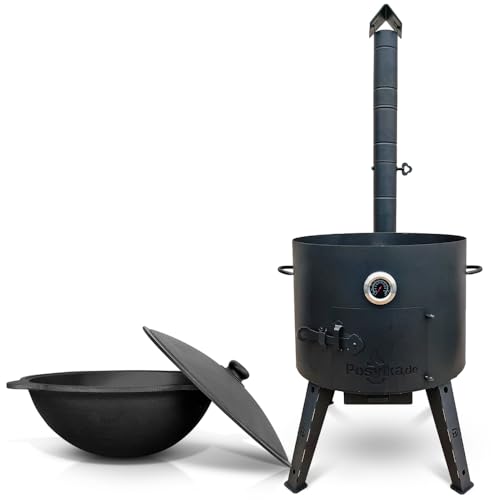 Utschak Feuerofen mit abnehmbarem Ofenrohr Gusseisen Topf runder Boden mit Deckel (22 L) KazanoFF, Учаг, Kazan Outdoor, Feuerschale, Camping, Kasan, Gulaschkanone Dutch Oven