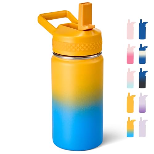 Fijinhom 12 oz Water Bottle Kids School, Insulated Water Bottle with Straw for School, 304 Stainless Steel Toddler Cup, for Boys Girls, Leakproof, BPA-Free，Yellow/Blue