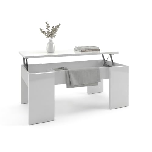 duehome | Mesa de Centro Elevable, Mesita de Salón o Comedor, Modelo Vita, Acabado en Color Blanco Artik, Medidas: 100 cm (Largo) x 50 cm (Ancho) x 45-53 cm (Alto)