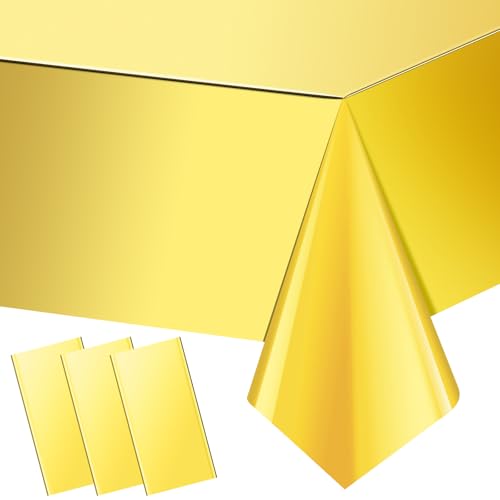 Image of 3 Pack Gold Plastic Tablecloth, Disposable Rectangle Table Covers, Holographic Metallic Foil Tablecloth Gold Party Supplies Decorations for Birthday Graduation Anniversary Bachelorette, 54x108Inch