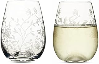 Muldale Etched Crystal Stemless Red Wine Glasses Set of 2 Tumblers, 460ml - Eleanor Design Vintage Floral Crystal Wine Glasses - Large Capacity for Dinner Parties - Perfect for Weddings
