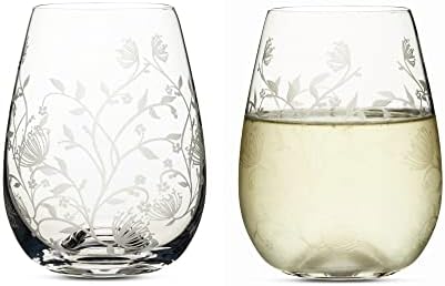 Muldale Floral Vintage Crystal Glass Stemless Wine Glasses Set of 2, 16 oz - Etched Crystal Wine Glasses for Wine, Negroni, Gin, Sangria, Large Capacity - Premium Crystal Made In Europe