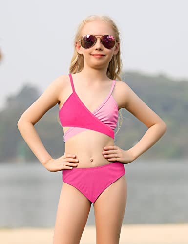 Aulyffo Girls Swimsuits Size 9 10,Criss Cross Bikini Two Piece Bathing Suit Adjustable Shoulder Straps V-Neck Girls' Swimwear Pink #TOP2