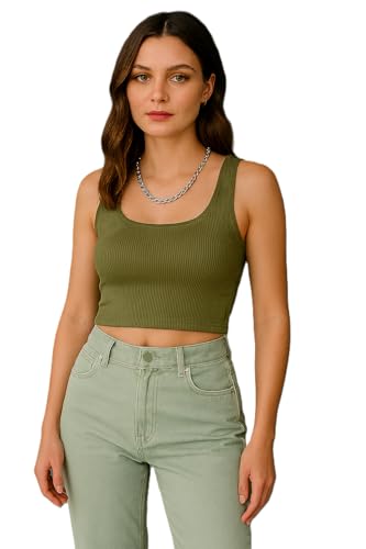 Image of 95% Cotton, 5% Lycra Women's and Girls Solid Ribbed Square Neck Tank Top | Tanktop for Women | Sleeveless Top | Crop Tanktop | Ribbed Tank Top