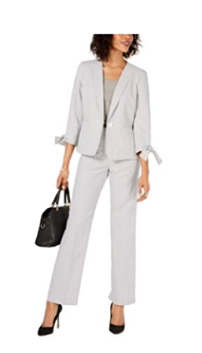 Le Suit Seersucker Tie-Cuff Pantsuit White/Black 14
