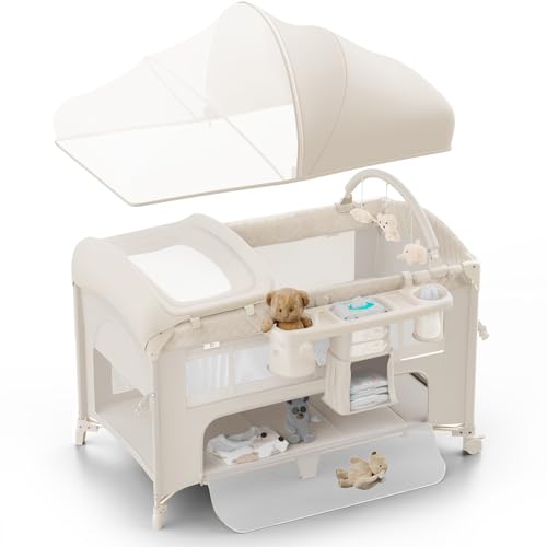 Image of Obee Odee 4 in 1 Baby Bassinet, Pack and Play, Bedside Crib Sleeper, Diaper Changer - Comes with Mattress, Mosquito Net, Bottom Storage and Toy Bar for Newborn to Toddles