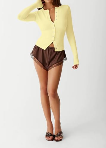 Image of Womens Open Front Button Up Cropped Cardigan Ribbed Knit Long Sleeve Shirt Casual Solid Crop Top Cardigan Sweater
