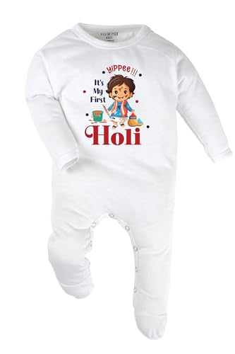 Fflirtygo Holi Baby Wear 100% Hosiery Cotton Infants Rompers with Booties/Onesies/Body Suit/Sleepsuit/Jumpsuit Full Sleeve Yippee It’s My First Holi Romper for Boys and Girls