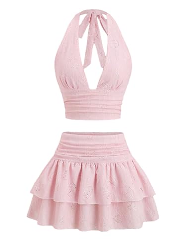 SOLY HUX Womens Mini Skirt Set Y2K Deep V Neck Halter Crop Top Ruffle Skirts 2 Piece Outfits Solid Pink Small