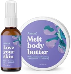 ASUTRA Lavender Gift Set – 7 oz Relief Body Butter with Lavender – 2 oz Lavender Body Oil, Coconut Oil and Org