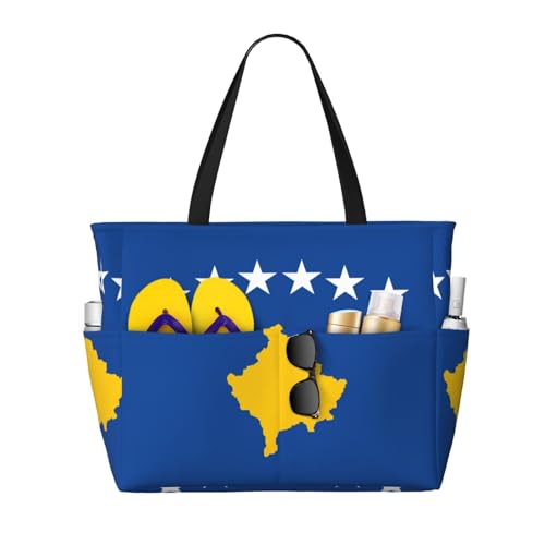 Flag Of Kosovo Print Each Travel Bag Large Capacity Tote Bags Foldable Pool Bag Zipper Handbags Vacation
